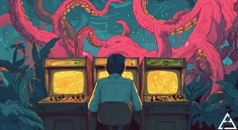 Ruedas de tragamonedas iluminadas y fichas, temática de casino moderno